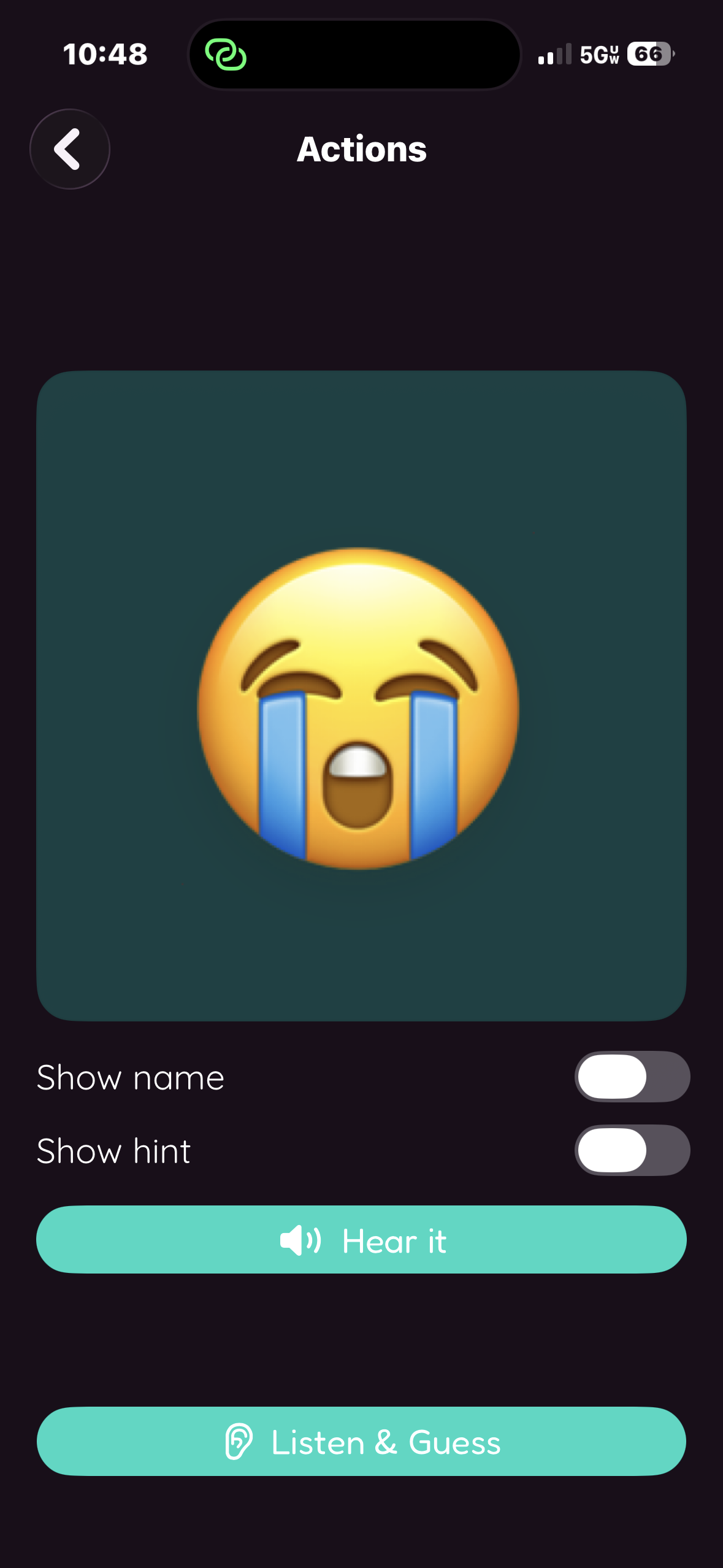Ellie's Playhouse Actions game screen with emoji and audio controls