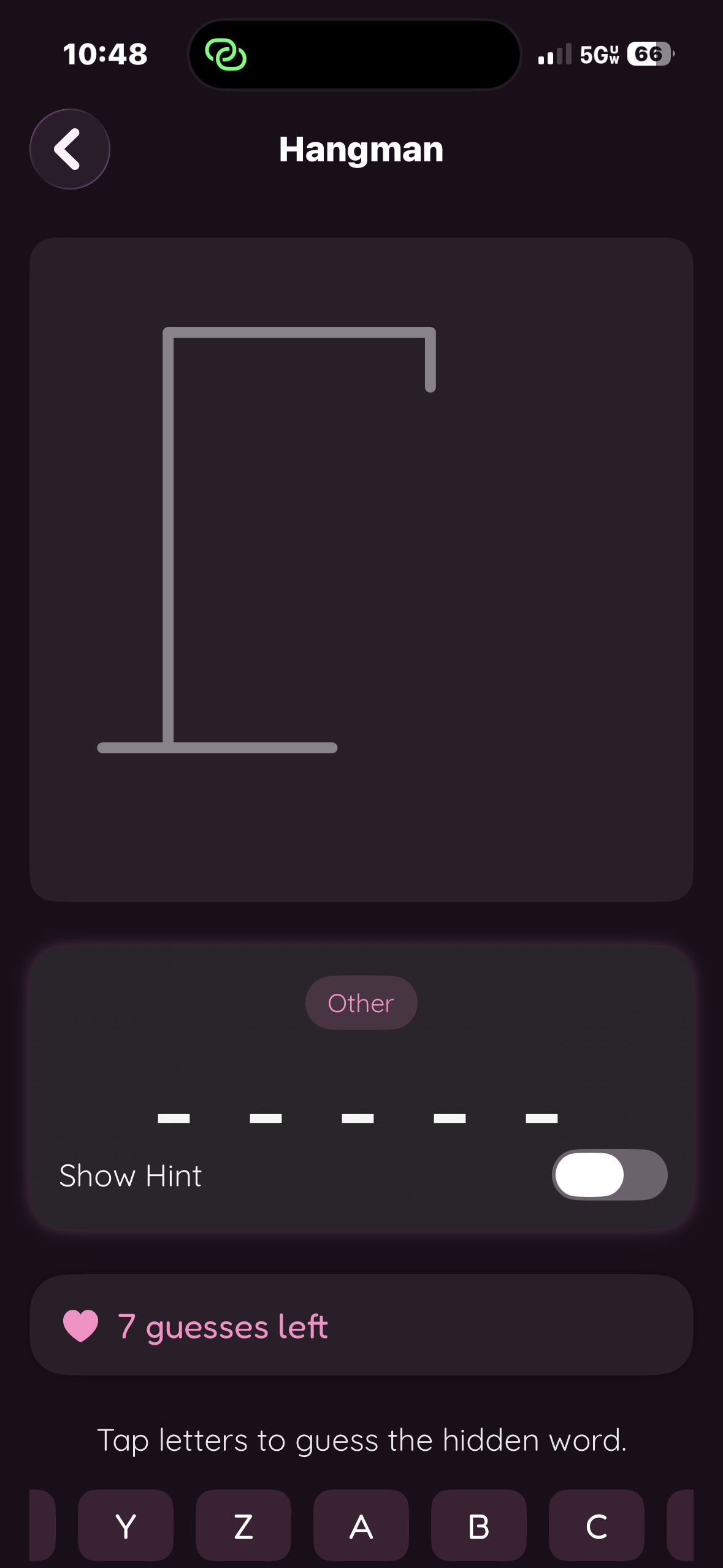 Ellie's Playhouse Hangman game screen with category and letter guesses