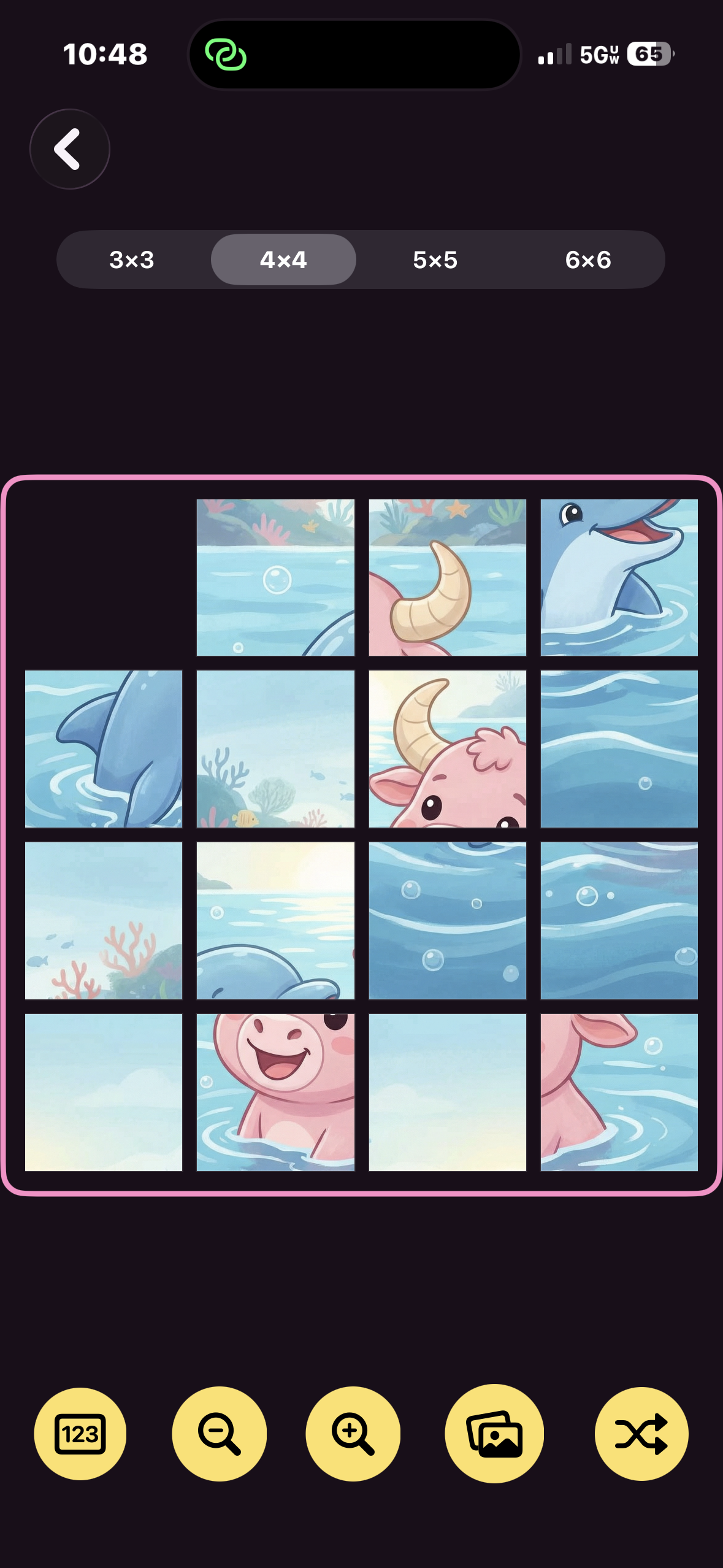 Ellie's Playhouse puzzle screen showing a 4x4 animal tile puzzle